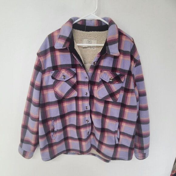 Sage Collective Women's Long Sleeve Plaid Super Plush Sherpa Lined Fleece Shirt - Picture 2 of 7